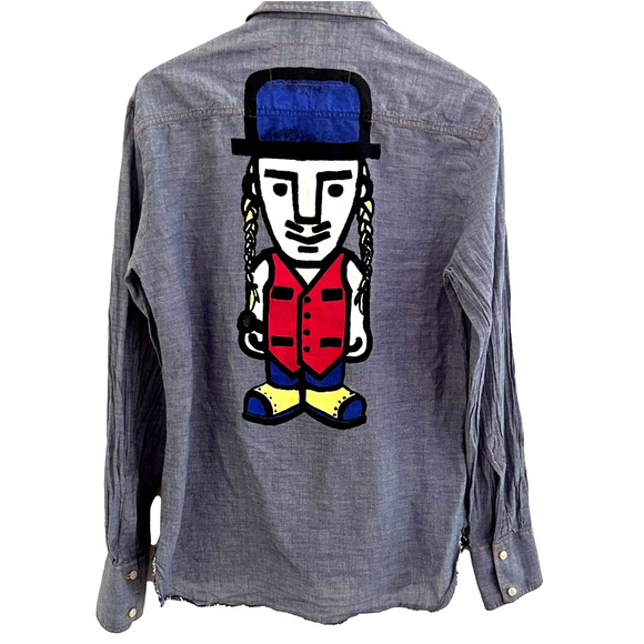 John Galliano Blue Chambray Button Down Shirt With Pop Art Hand Painted … - Picture 1 of 12